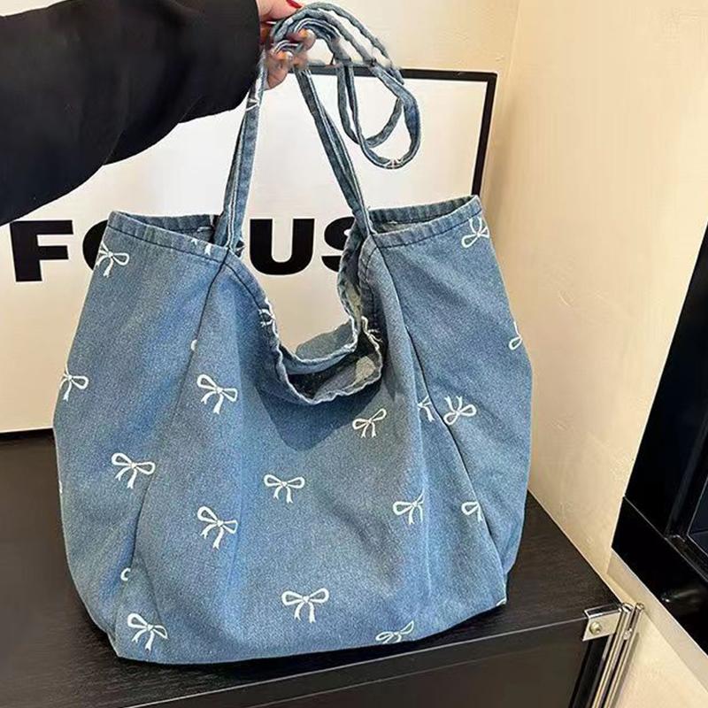 Travel Accessories Tech - Damen-Schleifendekor Denim-Canvas-Tragetasche Große Kapazität Einzel-Schultertasche für