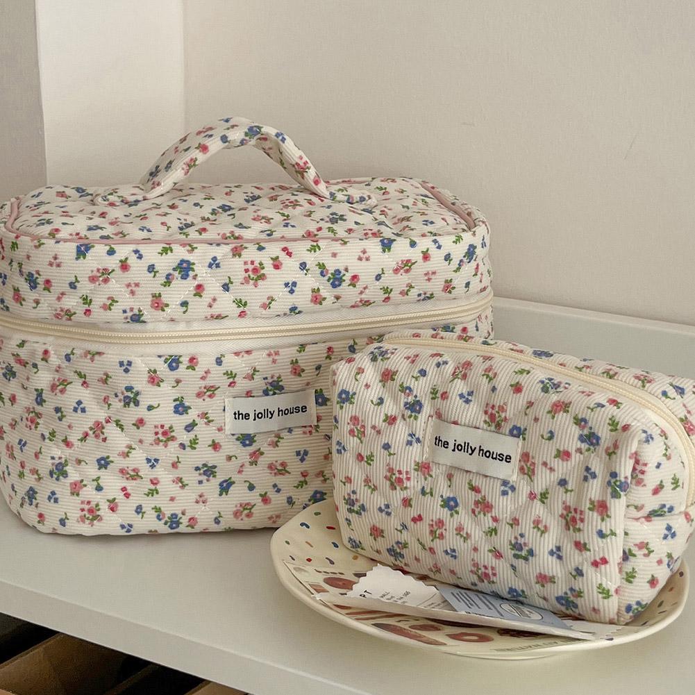 Travel Accessories Box - Vintage Blumenmuster Gesteppte Kosmetiktasche Tragbare Baumwoll-Kosmetikorganizer-Tasche