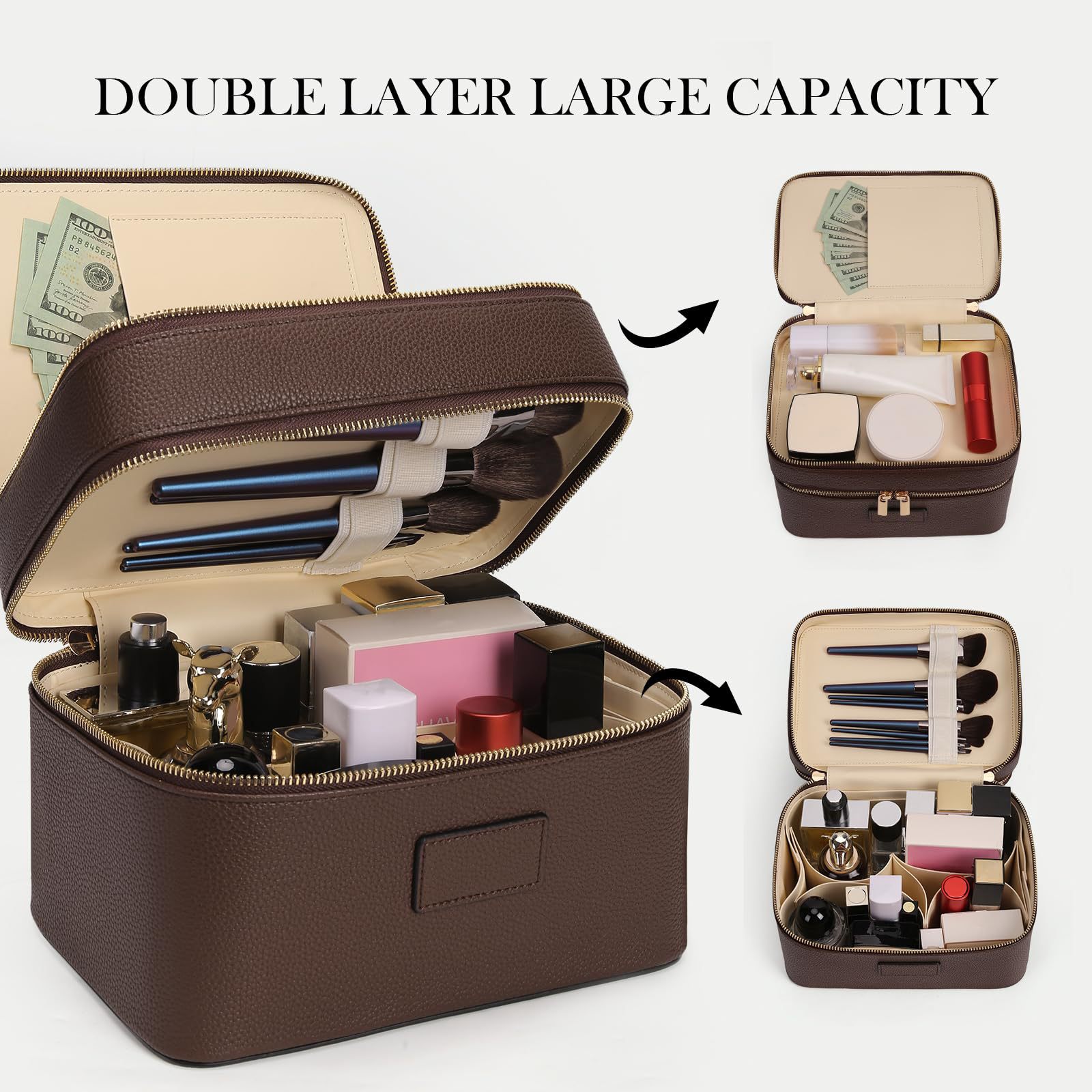 Travel Accessories Leather - Große Kapazität Doppelschichtige Luxus-Kosmetiktasche für Reisen