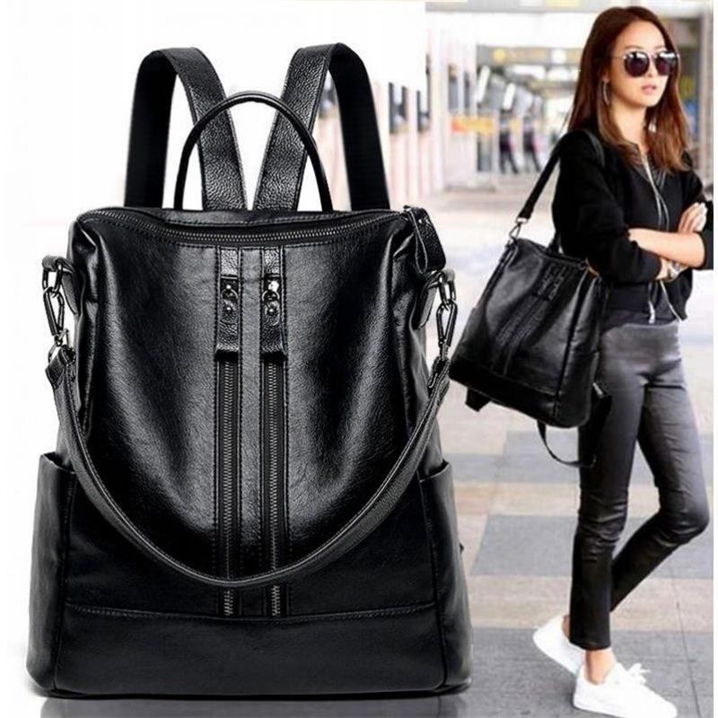 Travel Accessories Leather - Frauen Weiches Leder Rucksack Schule Schwarz